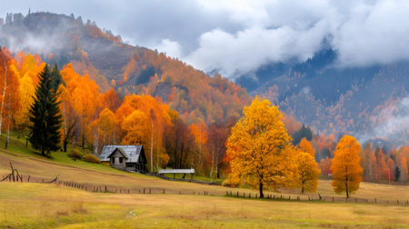 Rustic wooden cabin standing in a field with autumn forest and mountains in the backgroundの素材