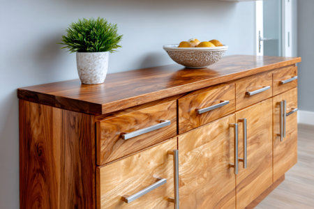 Sideboard featuring a plant and fruit bowl, enhancing home interiorの素材