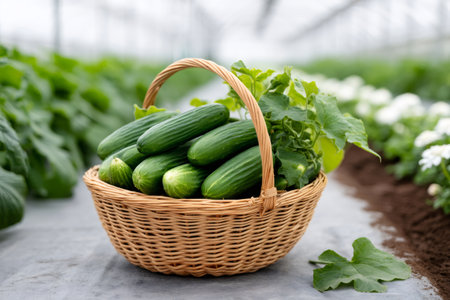 Basket with freshly harvested cucumbers and leaves standing in a greenhouseの素材