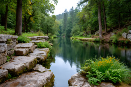 Tranquil water reflecting green trees and lush ferns, creating a peaceful nature landscapeの素材