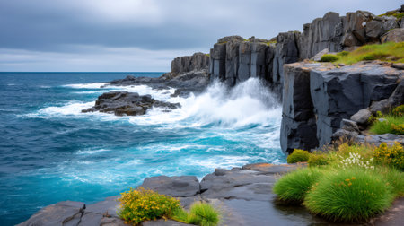 Ocean waves intensely crashing against rugged basalt rock cliffs with green vegetation under a cloudy skyの素材