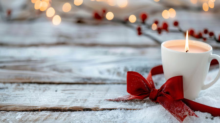 Burning candle in a white mug with red ribbon on a snowy wooden background during winterの素材