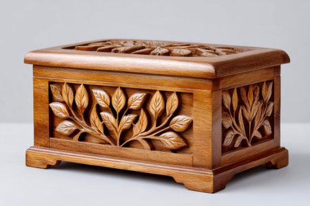 Wooden box featuring detailed hand-carved leaf and floral designs on its lid and sidesの素材