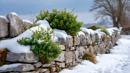 Snow is blanketing a traditional dry stone wall with vibrant green plants in a winter countrysideの素材