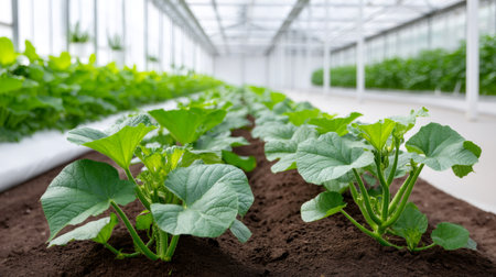 Young green plants growing in rich soil inside a bright, modern greenhouseの素材