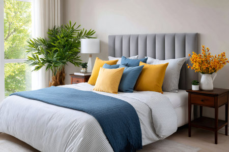 Cozy bedroom featuring a comfortable bed with vibrant pillows and natural lightの素材