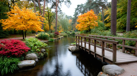 River flowing past an autumn park with a wooden bridge and colorful fall treesの素材
