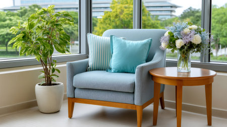 Light blue armchair providing comfort and relaxation in a modern interior spaceの素材