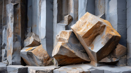 Basalt rock formation displaying weathered orange and gray hexagonal columnsの素材