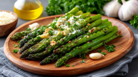 Roasted asparagus spears served on a wooden plate with garlic, grated Parmesan, and chopped parsleyの素材