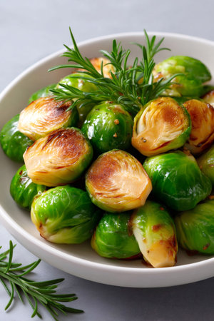 Brussels sprouts roasting with fresh rosemary and brown caramelization, serving as a healthy side dishの素材