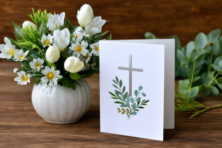 Religious greeting card displaying a cross and eucalyptus branches, beside a vase of white flowersの素材