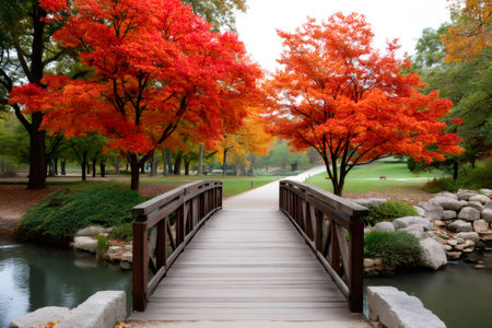 Park landscape featuring a wooden bridge over water with vibrant autumn treesの素材