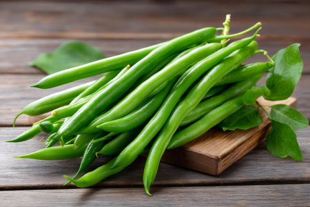Fresh green beans resting on a rustic wooden cutting board, presenting a healthy vegetableの素材
