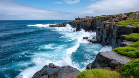 Ocean waves breaking on dark rugged volcanic rock cliffs with green vegetationの素材