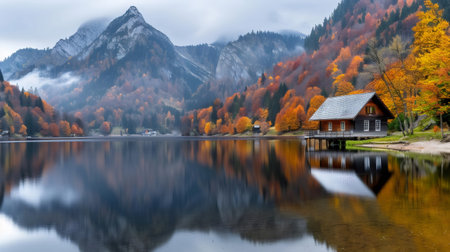 Charming wooden cabin reflecting on the calm waters of a mountain lake surrounded by colorful autumn foliageの素材