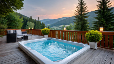 Outdoor hot tub on a wooden deck offering a relaxing nature view during sunsetの素材