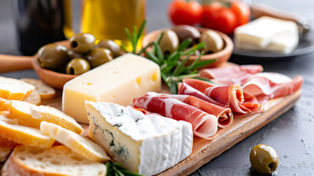 Appetizer platter presenting various cheeses, cured ham, bread, and olives, perfect for sharingの素材
