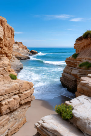 Sandy beach in a hidden cove with ocean waves washing ashore between natural rock formationsの素材