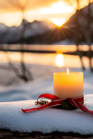 Candle illuminating a snowy landscape with red ribbon during a golden winter sunsetの素材