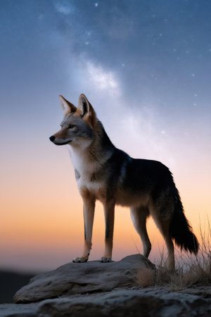 Wild coyote standing on rock at dusk looking out under starry milky way skyの素材