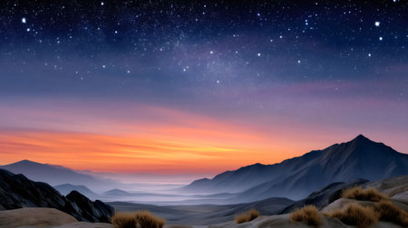 Mountain range viewing a vibrant sunset glow merging into a star-filled night skyの素材