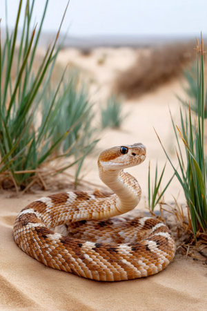 Rattlesnake with patterned scales coiled on sand, blending into its wild desert environmentの素材