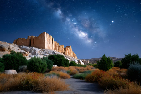 Milky Way illuminating night sky above rugged desert landscape with unique rock formations and arid plantsの素材