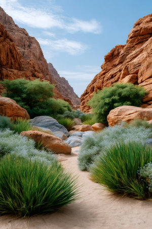 Winding sandy path through a rocky canyon with green desert flora under a blue skyの素材