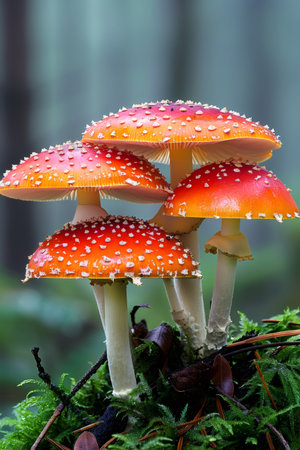 Group of vibrant red fly agaric mushrooms with white spots standing tall in woodlandの素材