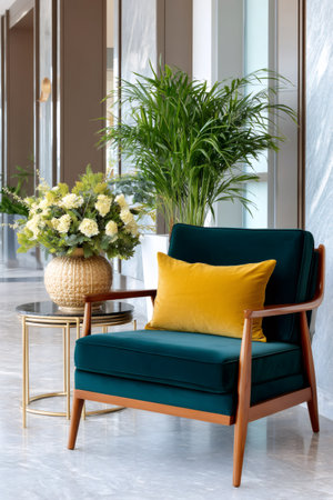 Modern lounge area featuring a comfortable green velvet armchair next to a small table and potted plantの素材