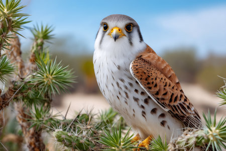 American kestrel bird standing on a cholla cactus in its natural desert habitatの素材