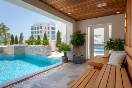 Modern private outdoor sauna with wooden benches overlooking a blue swimming pool and city buildingsの素材