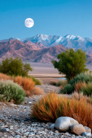 Full moon rising above snow capped mountains and desert scrubland by dayの素材
