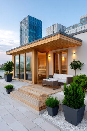 Contemporary rooftop terrace featuring a luxury outdoor sauna, seating area and urban skyline viewsの素材