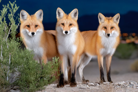 Three red foxes standing in a desert landscape with urban lights in the background at nightの素材