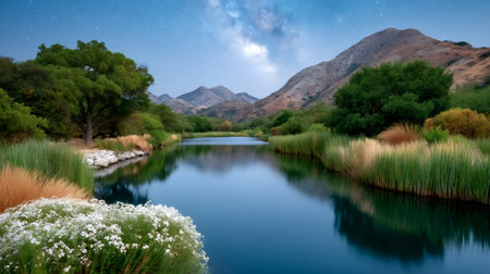 Serene lake water reflecting the starry night sky with surrounding mountains and lush vegetationの素材