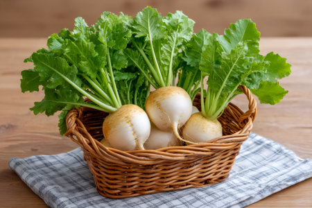 Turnips with green tops filling a small woven basket on a checkered clothの素材
