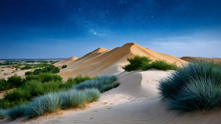 Desert landscape with sand dunes and green vegetation under a deep blue starry skyの素材