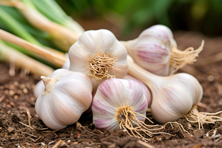 Garlic bulbs with green stems and roots, representing organic harvest and healthy cookingの素材