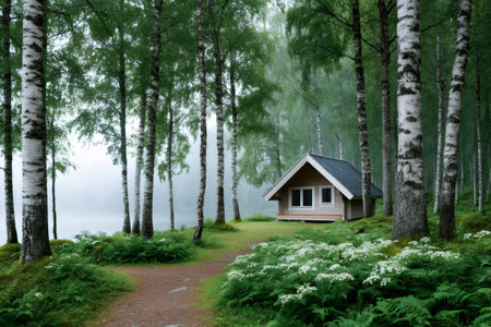 Small cabin standing by a calm lake, surrounded by birch trees and lush green foliage on a foggy morningの素材