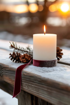 Burning candle creating a cozy atmosphere with snowy pine cones and spruce branches at sunsetの素材