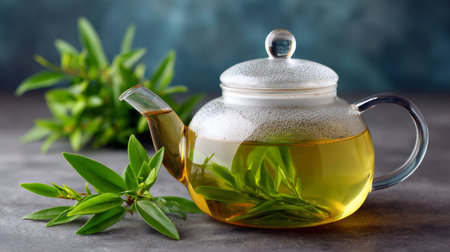 Herbal green tea infusing in a clear glass teapot with fresh tea leaves on a dark backgroundの素材