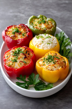 Colorful bell peppers filled with rice and garnish, served on a white platterの素材