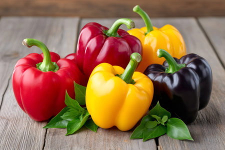 Colorful red, yellow, and black bell peppers resting on rustic wooden table with basilの素材