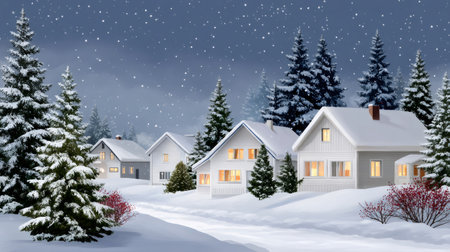 Winter village scene with snow-covered houses and pine trees under a dark, snowing skyの素材