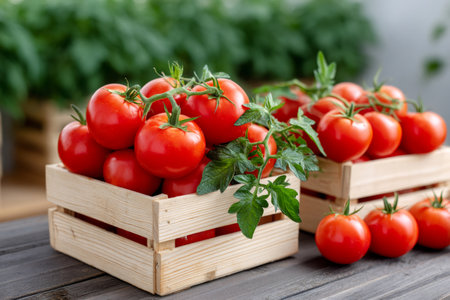 Ripe organic tomatoes in wooden crates on a rustic table, showing fresh garden harvestの素材