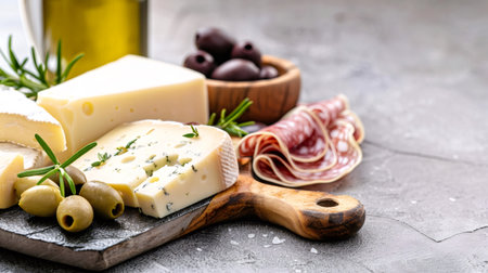 Cheese board presenting various cheeses, salami, green olives, rosemary, and olive oilの素材