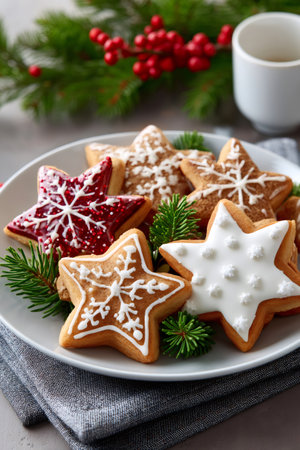 Star gingerbread Christmas cookies with royal icing and fir branches on a white plateの素材