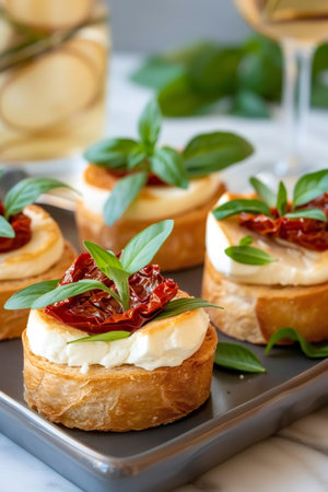 Italian bruschetta appetizer preparing with mozzarella, sun-dried tomatoes, and fresh basil leaves on a dark trayの素材